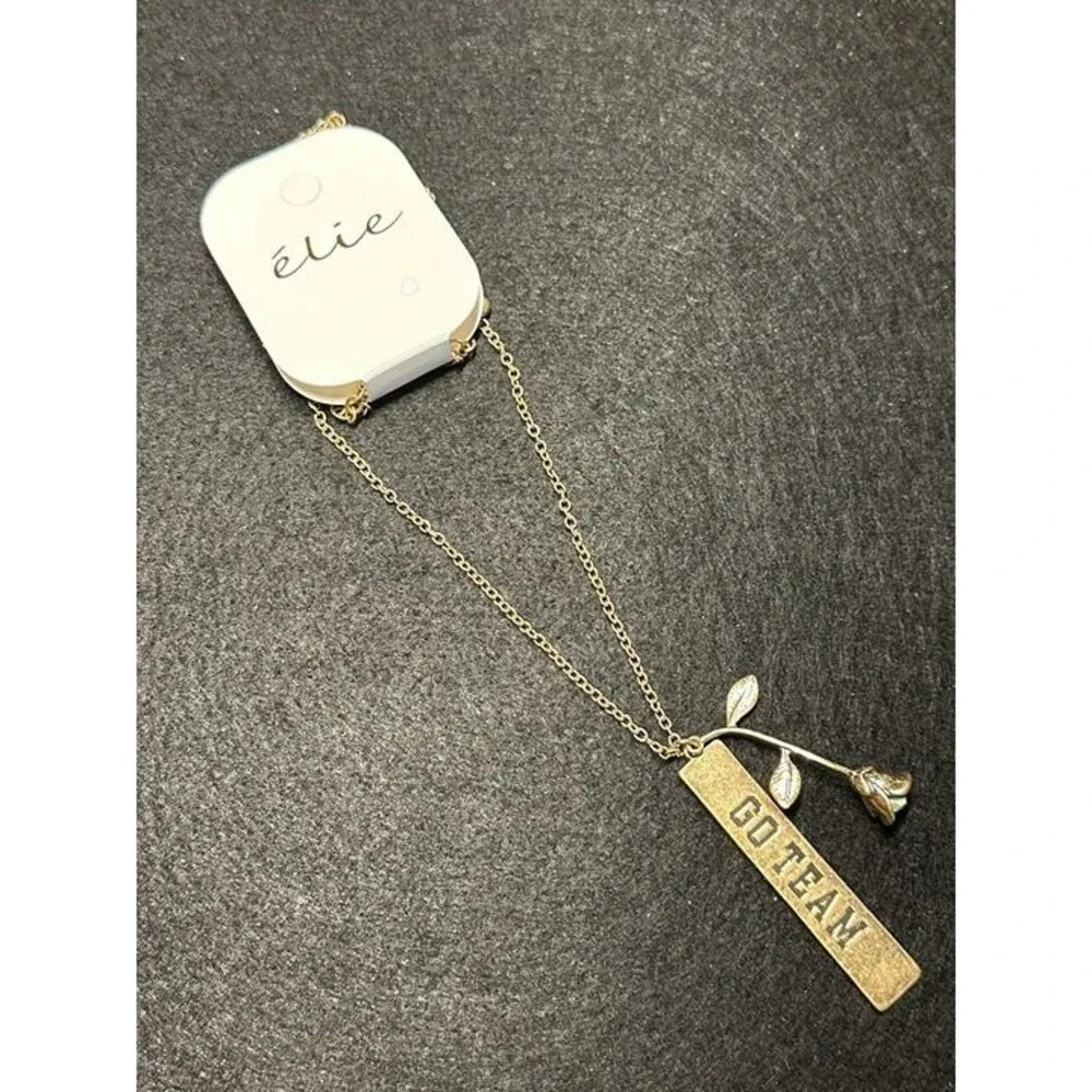 élie Gold GO TEAM Bar Pendant Necklace Rose Leaf Charm NWT New Boho Jewelry Gift